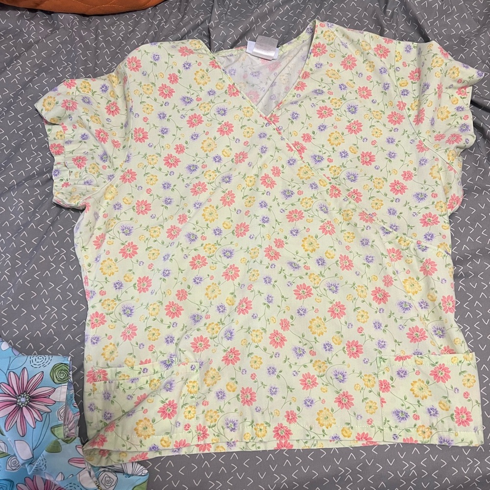 Two Floral Print Scrub Top